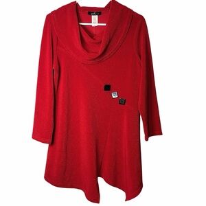 Yushi Red Cowl Neck Asymmetrical Tunic Lagenlook Artsy Buttons #1072 Medium USA